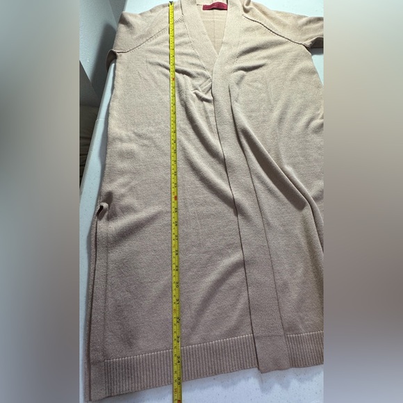 Love Scarlett Long Tan/Beige Long Open Front Cardigan Sweater Size M Side Slit - Picture 9 of 9